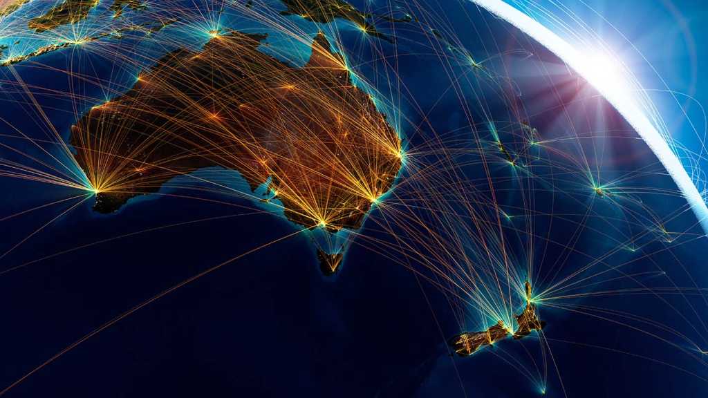 An image of Earth rotated to show Australia and New Zealand, with network lines connected to the two countries in addition to others others.